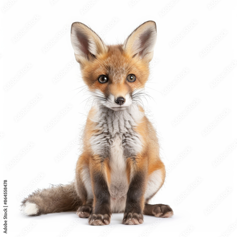 A tiny baby fox with a bushy tail and big ears, sitting and looking curious, isolated on white background A tiny baby fox with a bushy tail and big ears, sitting and looking curious, isolated on white background