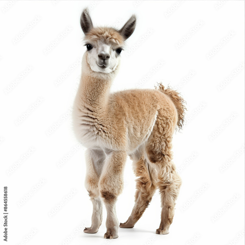 A cute baby llama with fluffy fur, standing and looking curious, isolated on white background A cute baby llama with fluffy fur, standing and looking curious, isolated on white background
