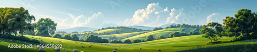 A picturesque landscape of rolling green hills with sheep grazing under a bright sky filled with fluffy clouds. Generative ai vector illustration. Pop art comic book style imitation
