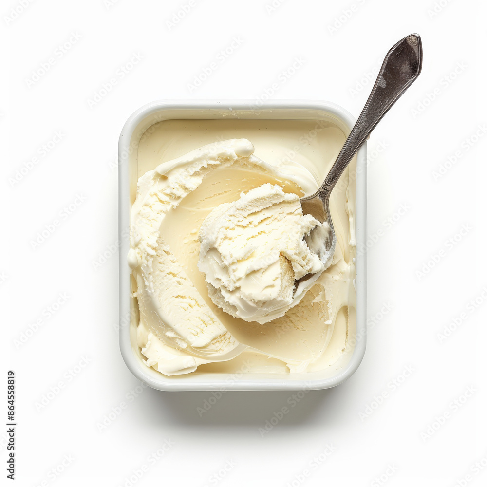 A tub of mascarpone cheese with a spoonful taken out, isolated on white background A tub of mascarpone cheese with a spoonful taken out, isolated on white background