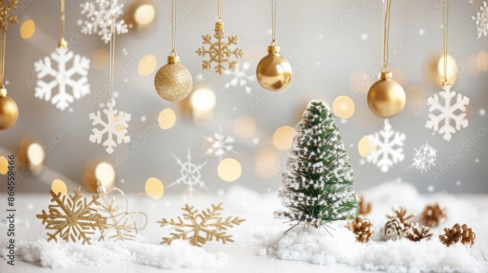 Miniature snowy Christmas tree with hanging snowflake decorations, set against a bright, festive backdrop. Miniature snowy Christmas tree with hanging snowflake decorations, set against a bright, festive backdrop.