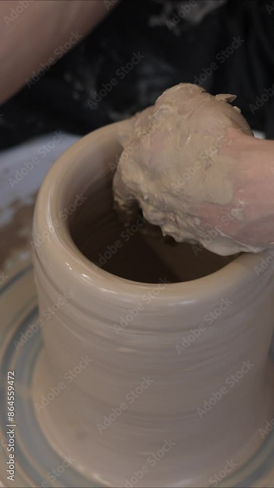 Close-up of a potter's hands making a ceramic jug on a potter's wheel. Vertical video. Close-up of a potter's hands making a ceramic jug on a potter's wheel. Vertical video.