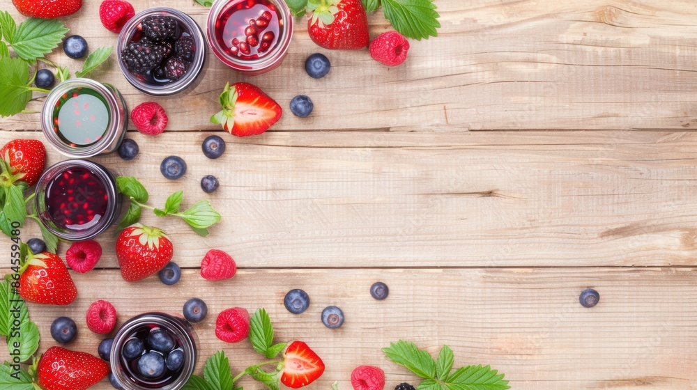 Assorted berry jams in jars with scattered strawberries, raspberries, and blueberries on a rustic wooden surface, creating a colorful and inviting scene. Assorted berry jams in jars with scattered strawberries, raspberries, and blueberries on a rustic wooden surface, creating a colorful and inviting scene.