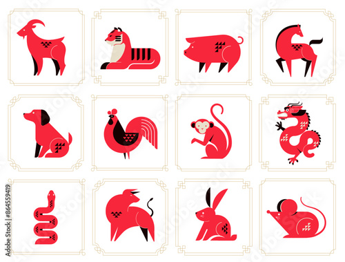 Chinese horoscope zodiac collection, geometric minimalist style. Animals symbols of Chinese New year . Set of mascots: rabbit, dragon, snake, tiger, ox, rat, pig, dog, rooster, monkey, goat, horse