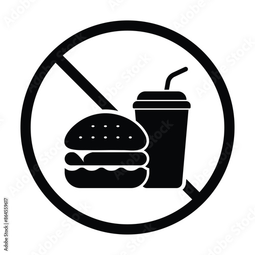 Prohibition of food eating and drinking icon set. Burger and drink bottle symbol. Vector Illustration.