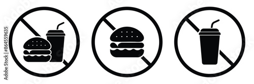 Prohibition of food eating and drinking icon set. Burger and drink bottle symbol. Vector Illustration.