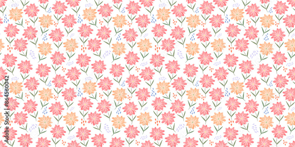 Childish sketch floral seamless pattern with red and orange daisy flowers, hearts and dots. Cute ditsy botanical print with hand drawn gerbera for textile, wrapping paper, surface design, wallpaper Childish sketch floral seamless pattern with red and orange daisy flowers, hearts and dots. Cute ditsy botanical print with hand drawn gerbera for textile, wrapping paper, surface design, wallpaper