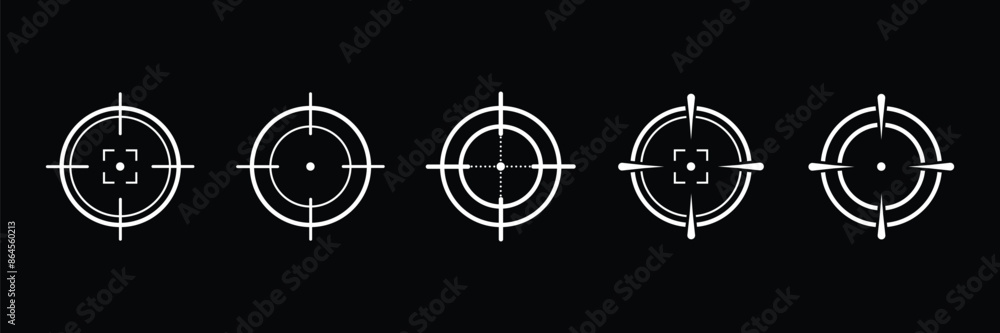 Set of Target aim Crosshair icon collection with black background. Scope aim icons. Circular crosshairs. Vector illustration. Set of Target aim Crosshair icon collection with black background. Scope aim icons. Circular crosshairs. Vector illustration.