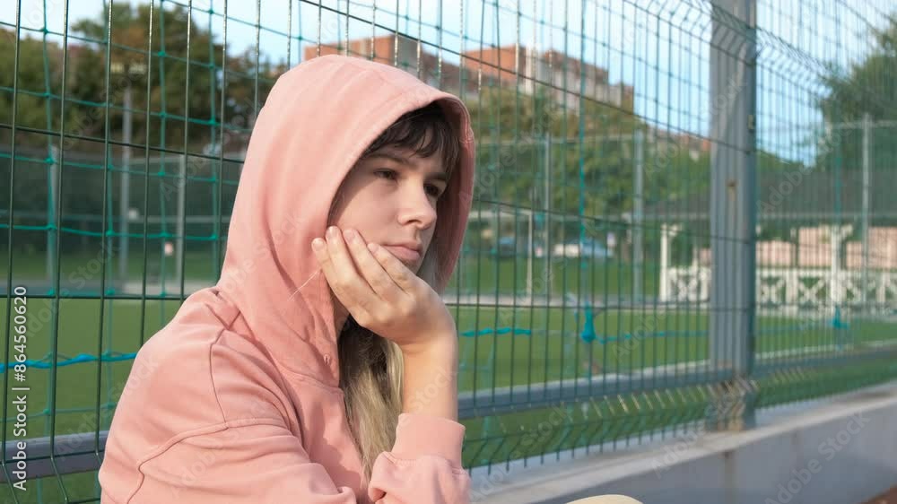 Thoughtful sport girl on playground. A view of thoughtful teen sitting in sadness on playground during weekend time. Thoughtful sport girl on playground. A view of thoughtful teen sitting in sadness on playground during weekend time.
