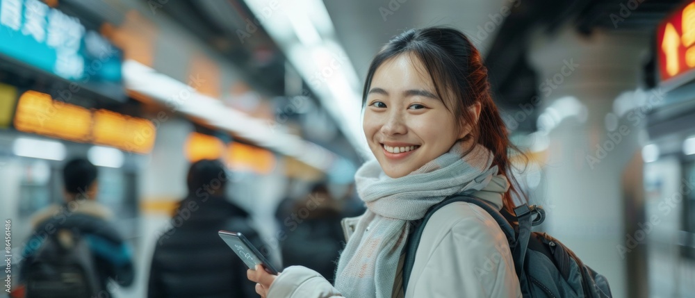Cheerful young Asian female commuter smiling while navigating her smartphone a bustling subway Cheerful young Asian female commuter smiling while navigating her smartphone a bustling subway