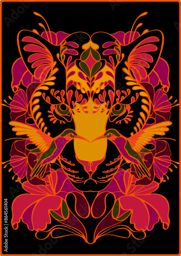 A fortune-telling card with a panther, a hummingbird and hibiscus flowers. Mysticism and magic concept. A hand-drawn illustration, not an AI