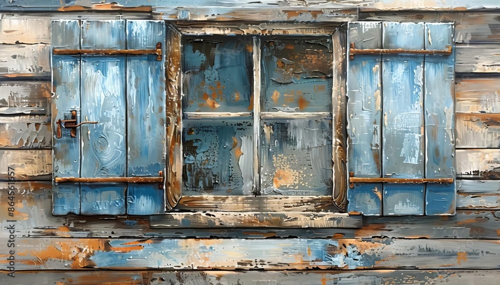Rustic window with weathered shutters, earthy tones, detailed textures, realistic painting Rustic window with weathered shutters, earthy tones, detailed textures, realistic painting