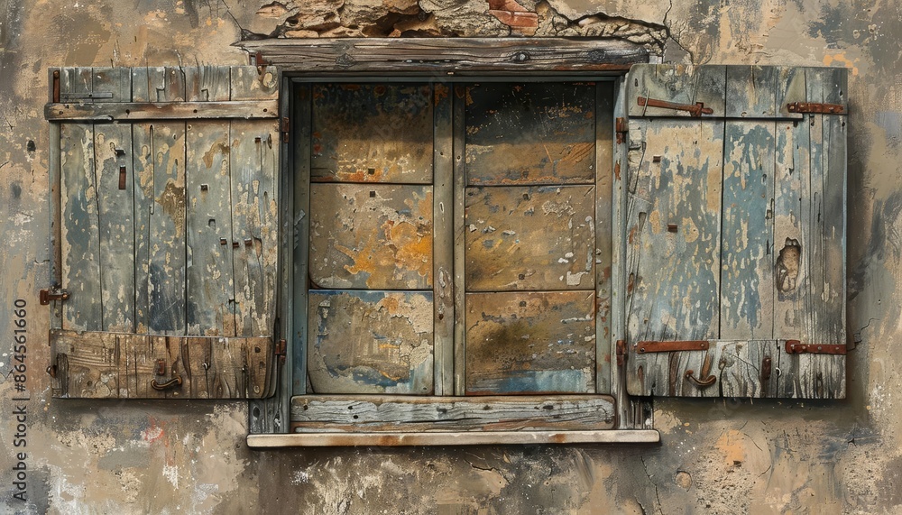 Rustic window with weathered shutters, earthy tones, detailed textures, realistic painting Rustic window with weathered shutters, earthy tones, detailed textures, realistic painting