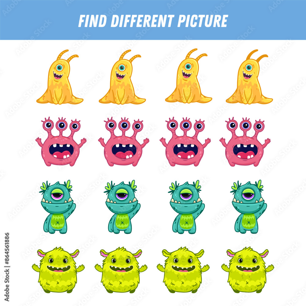 Obraz premium Find different monster each row. Logical game for kids. Cartoon character. Doodle. Vector illustration 