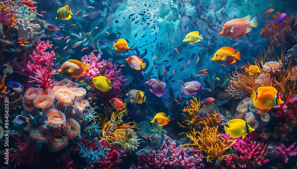 Naklejka premium Tropical aquarium with colorful fish, vibrant colors, detailed, photo realism