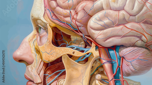 anatomical illustration of the human head and brain, showing muscles, veins, and bone structures in a cross-section view. Generative ai vector illustration. 