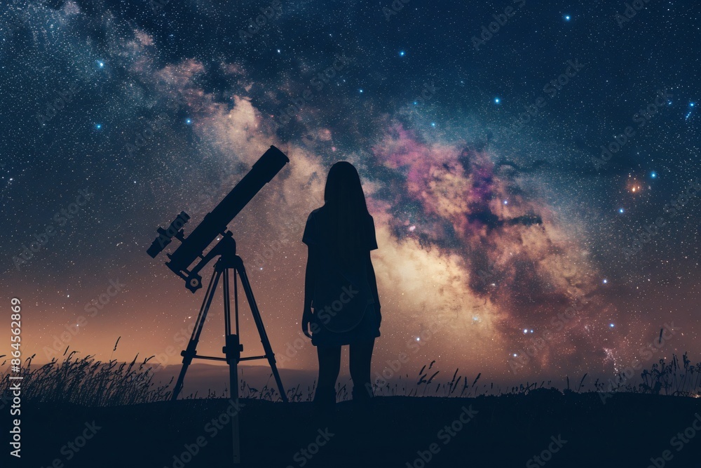 Person Standing with Telescope Under Milky Way. Silhouette Photography. Astronomy and Stargazing Concept for Poster and Print. Person Standing with Telescope Under Milky Way. Silhouette Photography. Astronomy and Stargazing Concept for Poster and Print.