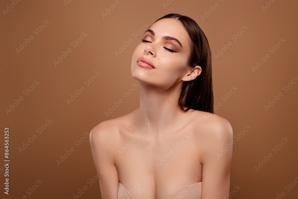 Photo of brunette hair girl feel joy close eyes with glamour makeover isolated pastel color background Photo of brunette hair girl feel joy close eyes with glamour makeover isolated pastel color background