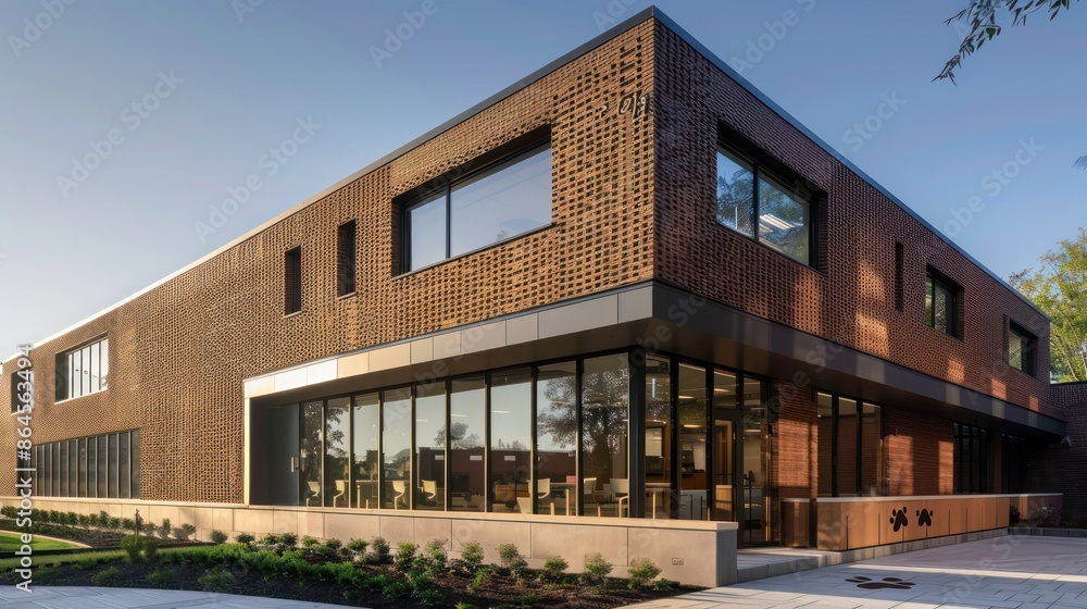 modern veterinary clinic with a facade of pet-friendly bricks, designed with paw print embossments that add a playful touch to the building's exterior modern veterinary clinic with a facade of pet-friendly bricks, designed with paw print embossments that add a playful touch to the building's exterior