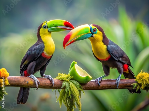 Vibrant keel-billed toucan perched on a lush green branch in Costa Rican rainforest feeds ripe banana to its mate or chick in tender moment.