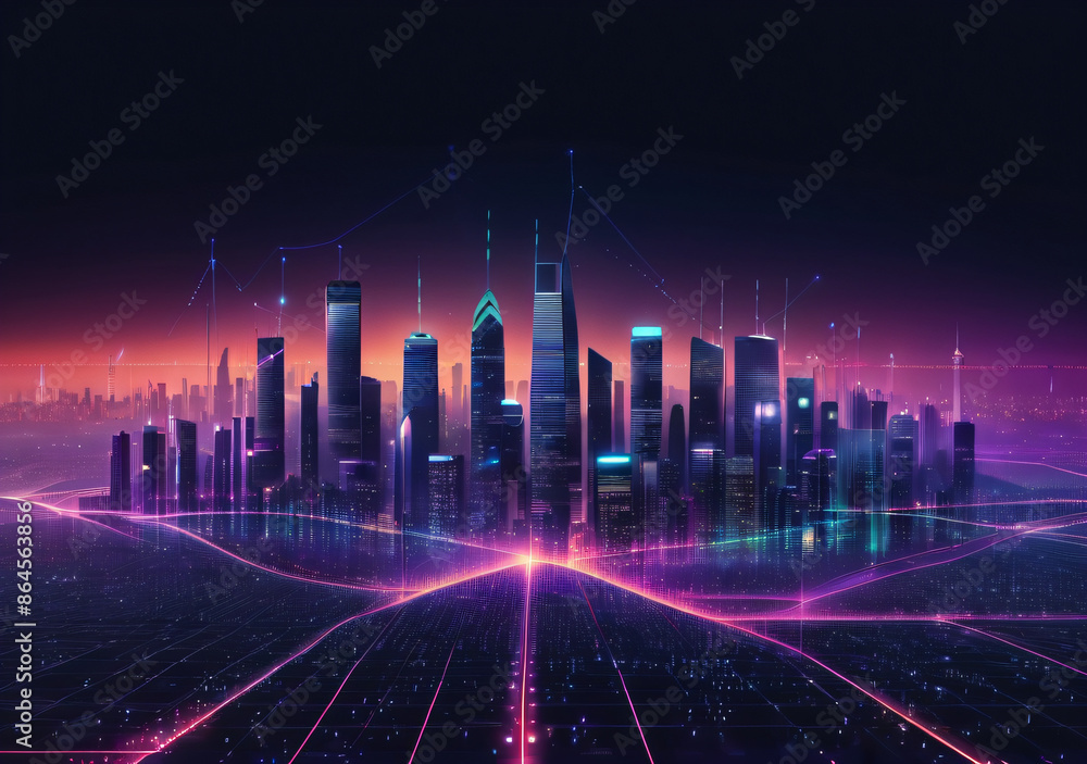 Smart city dot point connect with gradient grid line, connection technology metaverse concept. Night city banner with big data. Generative AI. Smart city dot point connect with gradient grid line, connection technology metaverse concept. Night city banner with big data. Generative AI.