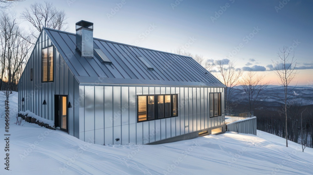mountain retreat with shimmering aluminum siding, blending seamlessly with the snowy surroundings, highlighting its cold-weather resilience mountain retreat with shimmering aluminum siding, blending seamlessly with the snowy surroundings, highlighting its cold-weather resilience