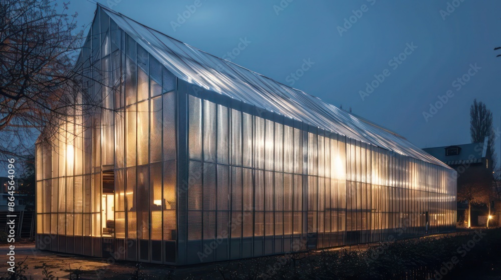 night-time scene of a warehouse converted into a loft, its exterior illuminated and made entirely of aluminum siding night-time scene of a warehouse converted into a loft, its exterior illuminated and made entirely of aluminum siding