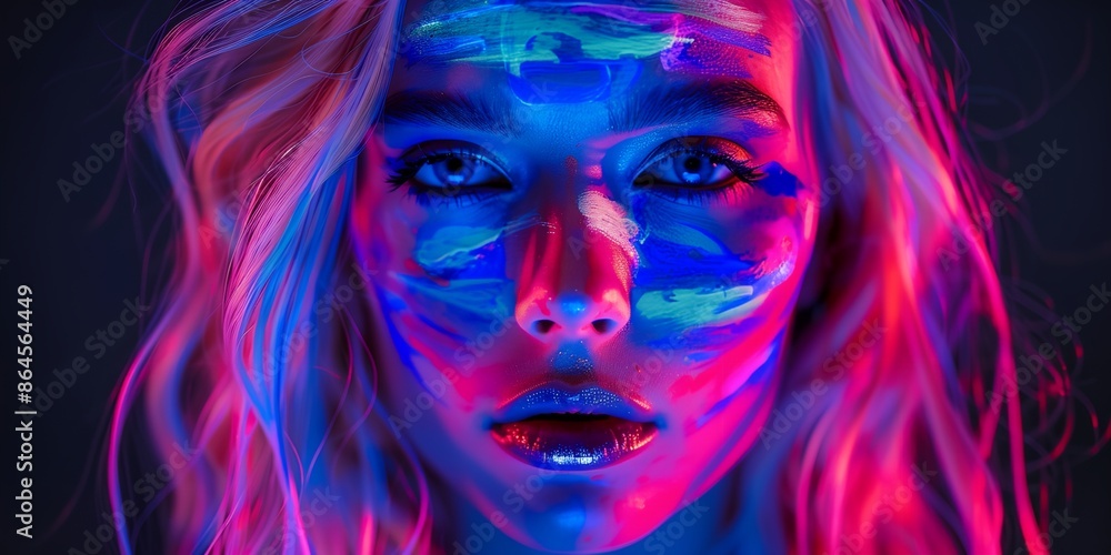 a woman with a colorful paint on her face, with a black background a woman with a colorful paint on her face, with a black background