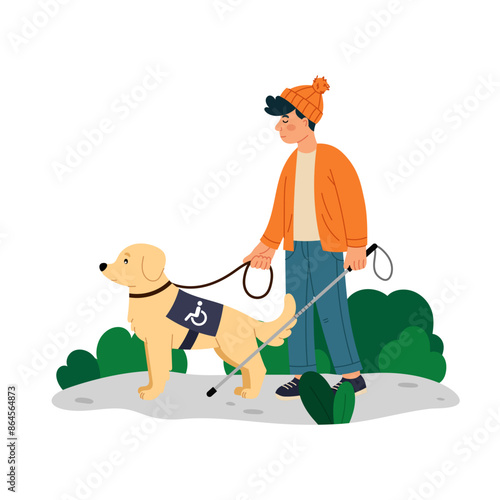 Blind man with a cane and a guide dog in flat style on a white background. Disability. A blind man leads an active life. Health care concept. Pet friend and assistant for blind people.