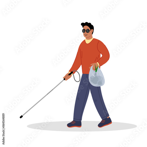 Blind man with a cane in flat style on a white background. Disability. A blind man leads an active life. Health care concept.  A blind man goes shopping.