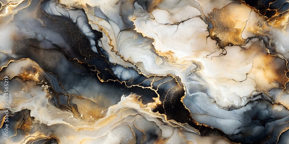 An abstract image featuring swirls of black, white, and gold in a liquid art design An abstract image featuring swirls of black, white, and gold in a liquid art design