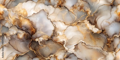 A detailed image of abstract marble swirls, featuring a blend of white, beige, and gold colors. The close-up shot highlights the intricate patterns and textures of the marble