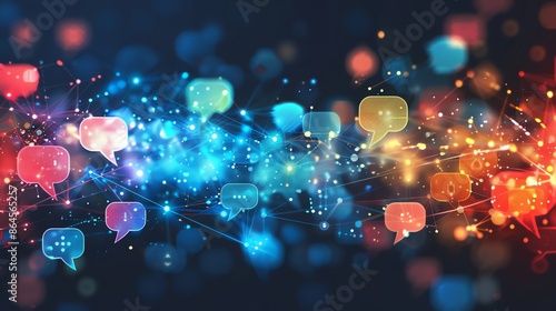 Abstract glowing social media chat icons on a dark background. Concept of communication, social network, conversation, technology, digital world. photo