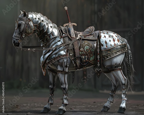 A Fierce Armored Horse Poised for Battle : This awe-inspiring image captures the raw power and unwavering spirit of a magnificent armored horse,