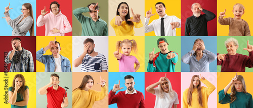 Collage of many people showing Loser gesture and feeling ashamed on color background