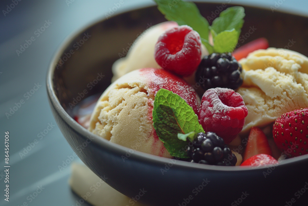 Gourmet ice cream bowl with exotic flavors garnished with fresh fruits and mint leaves Gourmet ice cream bowl with exotic flavors garnished with fresh fruits and mint leaves