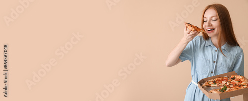 Young woman eating tasty pi...