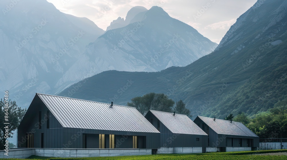 serene image of a monastery with minimalist aluminum siding, blending seamlessly into a mountainous background serene image of a monastery with minimalist aluminum siding, blending seamlessly into a mountainous background