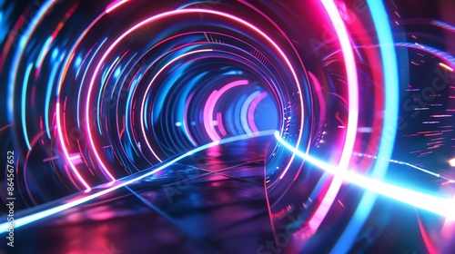 Abstract 3D illustration of glowing neon lights in a tunnel, perfect for digital art, backgrounds, and cyberpunk themes