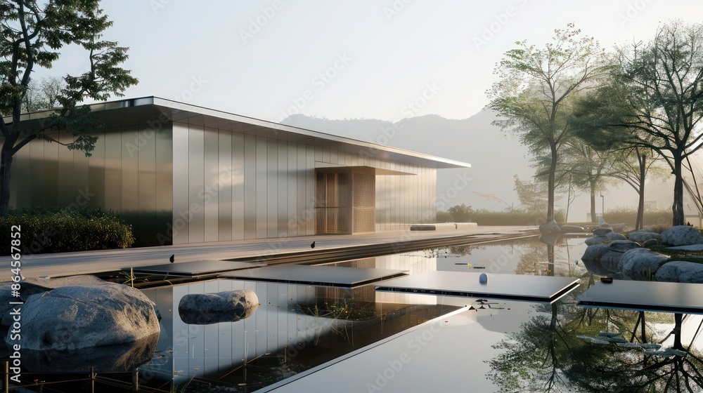serene view of a modern meditation center, its simple lines and reflective aluminum siding creating a calm environment serene view of a modern meditation center, its simple lines and reflective aluminum siding creating a calm environment