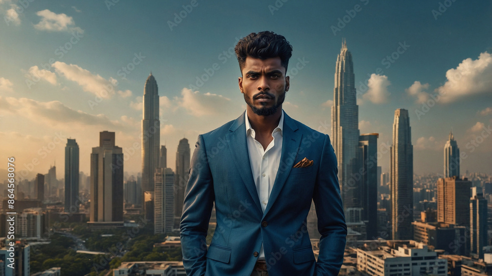 A man in a suit stands in front of a city skyline A man in a suit stands in front of a city skyline