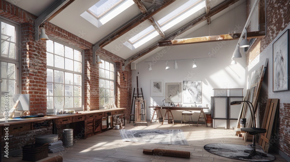 series of artist studios in a renovated industrial district, where the original brick walls are preserved and enhanced with modern skylights series of artist studios in a renovated industrial district, where the original brick walls are preserved and enhanced with modern skylights