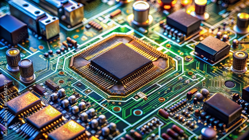 Close-up of intricate electronic circuit board with microchips, capacitors, and wires, showcasing the complex internal architecture of modern computer technology. Close-up of intricate electronic circuit board with microchips, capacitors, and wires, showcasing the complex internal architecture of modern computer technology.