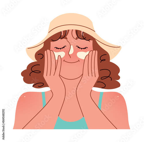 A woman applies sunscreen to her face SPF cream protection