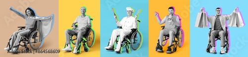 Group of young people sitting in wheelchairs on color background