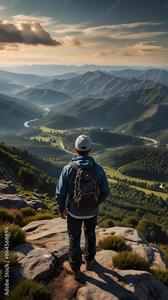 Man Standing Triumphantly on Mountain Peak: Epic Landscape Photography Man Standing Triumphantly on Mountain Peak: Epic Landscape Photography