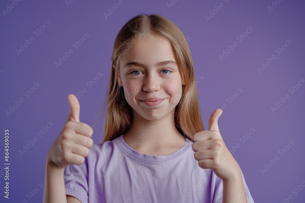 Teenager Russian student girl isolated on purple background with thumbs up gesture and smiling Teenager Russian student girl isolated on purple background with thumbs up gesture and smiling