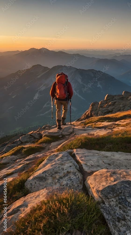 Obraz premium Man Standing Triumphantly on Mountain Peak: Epic Landscape Photography
