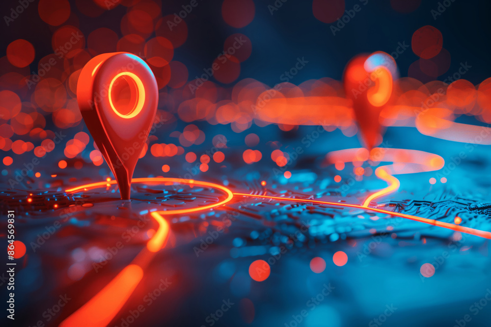 Red Location Pin on Digital Map With Glowing Lines Red Location Pin on Digital Map With Glowing Lines