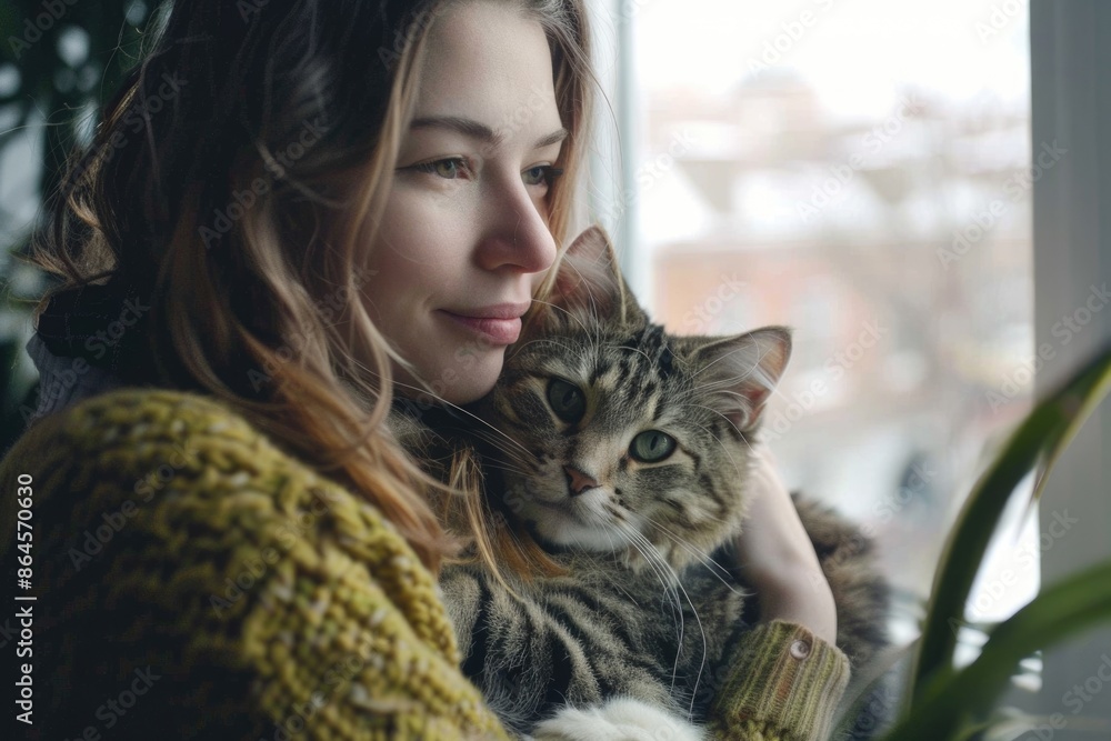 Young woman with indoor cat in urban apartment. Young woman with indoor cat in urban apartment.